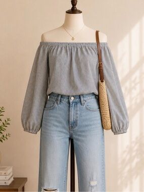 Brandy Melville Blue White Stripe Off Shoulder Long Sleeve Cotton Crop Top O/S
